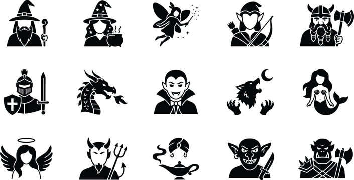 Set of fantasy character silhouettes including wizard witch fairy elf dwarf knight dragon vampire werewolf mermaid angel devil genie goblin and orc isolated on white background