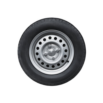  car tire with steel rim on free on isolated transparent background.