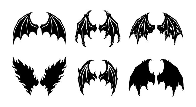 Set of 6 Black Silhouette Dragon Wings, Gothic Fantasy Bat Wings, Demon Angel Wing Vector Icons for Halloween and Fantasy Designs