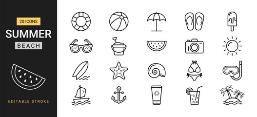 Fototapeta premium Summer beach icon set. Vector line icons with editable stroke including sun, palm tree, surfboard, sunglasses, bikini, and cocktail symbols for seasonal vacation design.