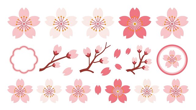 Set of cherry blossom sakura flower icons, traditional japanese floral design elements, vector illustration isolated on white background editable vector