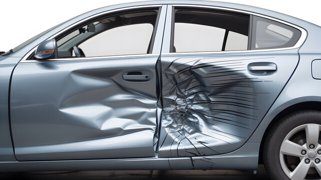 Damaged silver car with dented doors and broken windows