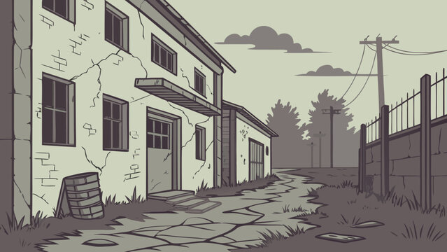 Abandoned old building illustration with cracked walls and dirt road abandoned building dilapidated architecture illustration environment structure depressing weathered powerlines artistic