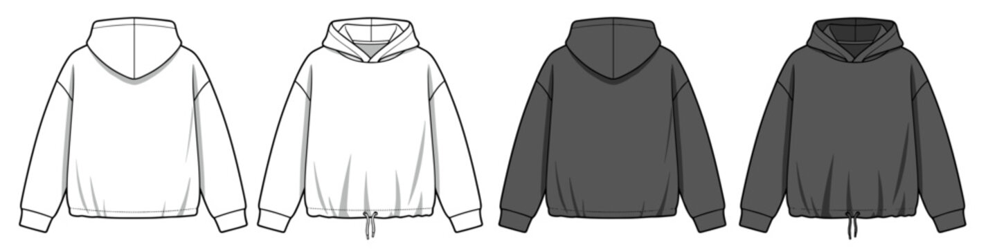 Charcoal grey hoodie with drawstring hem technical fashion illustration and relaxed fit. Flat outwear sweatshirt apparel template front and back views on transparent background. Unisex top CAD