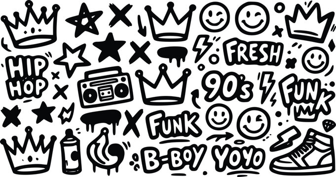 A collection of black and white vector illustration elements featuring crowns, graffiti style lettering, smiley faces, and retro hip-hop icons.