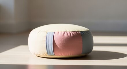 Obraz premium Round pastel meditation cushion with soft fabric panels sitting on a wooden floor in a sunlit room