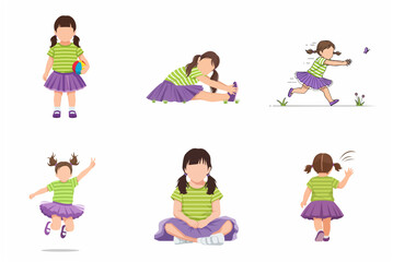 Fototapeta premium Set of Little Girl Characters in Various Poses and Activities Like Running, Jumping, and Stretching