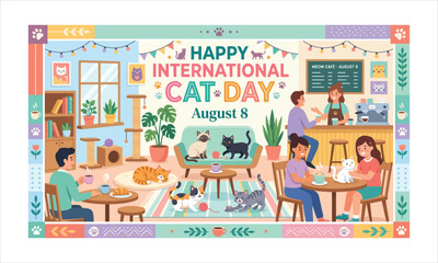 Fototapeta premium Happy international cat day cafe scene celebrating feline companionship with international, colorful