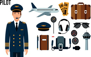 Airline pilot character with aviation equipment set including airplane luggage tickets sunglasses and control tower vector © tuzam