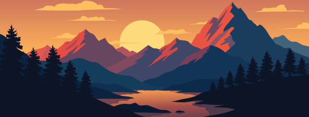 Majestic Mountain Valley Sunset Flat Vector Landscape Banner With Pine Forest Silhouette And Winding River © Zafaaa