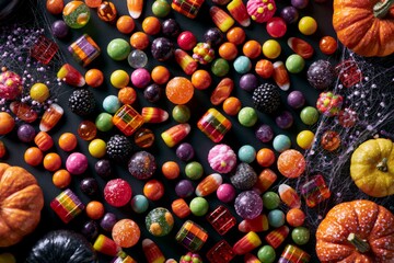 Fototapeta premium Halloween candy treats with pumpkins and spiderweb