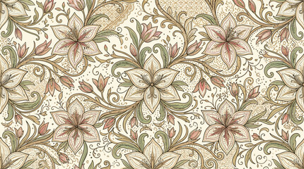 Luxury modern Indonesian botanical batik inspired by Amaryllis flowers, elegant stylized floral motifs with layered six-petal blossoms, decorative branches and lush foliage, flowing vines, traditional © khan