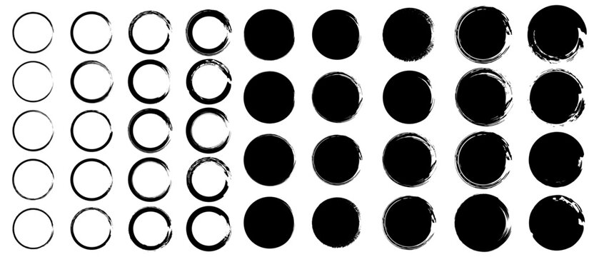 Mega collection of grunge round shapes. Vector set of grunge circle brush stroke. Black brush stroke paint frame for design logo, banner, card. Ink circle icon. Black simple round frame. vector