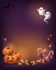Fototapeta premium Vertical Halloween frame design showcasing happy ghosts, carved pumpkins, flying bats, shimmering stars, and colorful candy treats