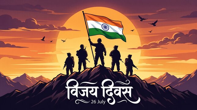 Marathi, Hindi Calligraphy text and illustration of Vijay Diwas (VICTORY DAY) banner