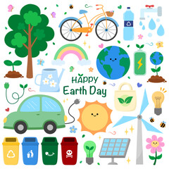 Fototapeta premium happy earth day with cute cartoon elements