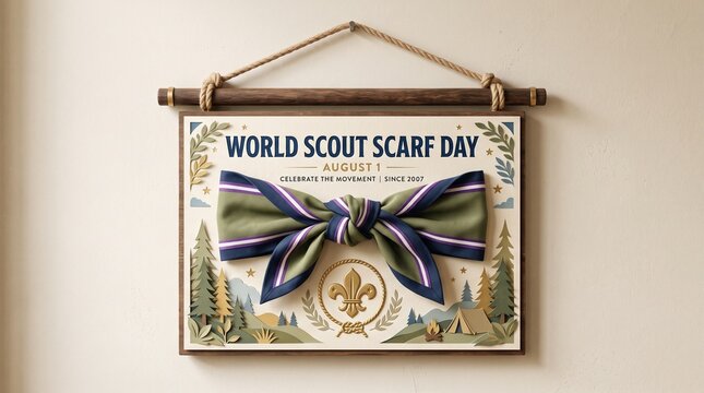 World Scout Scarf Day Minimalist Paper Sculpture Banner Scouting Neckerchief Celebration Design