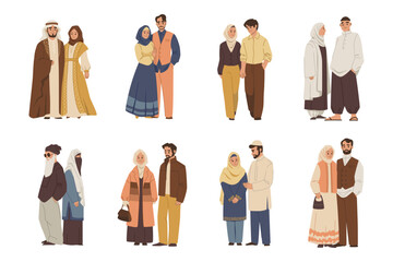 Fototapeta na wymiar Muslim family. Emirati arab people, saudi woman in hijab or arabian man portrait. Male husband in pants. Modern and traditional clothes. Happy people. Vector cartoon flat style isolated illustration