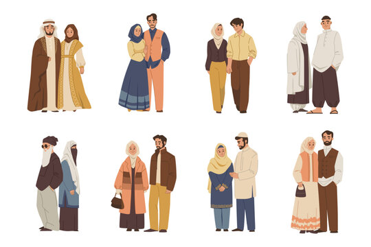 Muslim family. Emirati arab people, saudi woman in hijab or arabian man portrait. Male husband in pants. Modern and traditional clothes. Happy people. Vector cartoon flat style isolated illustration