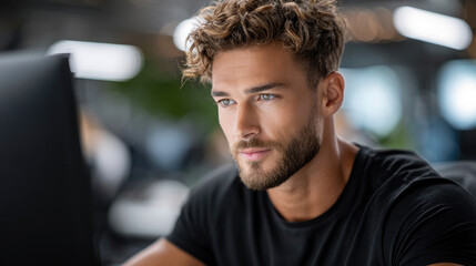 Fototapeta premium Young man with curly hair and beard intently observing and processing information on a computer screen, deep in thought while working or studying