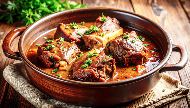 Oven braised beef shanks with gravy in a roasting pot, closeup. AI