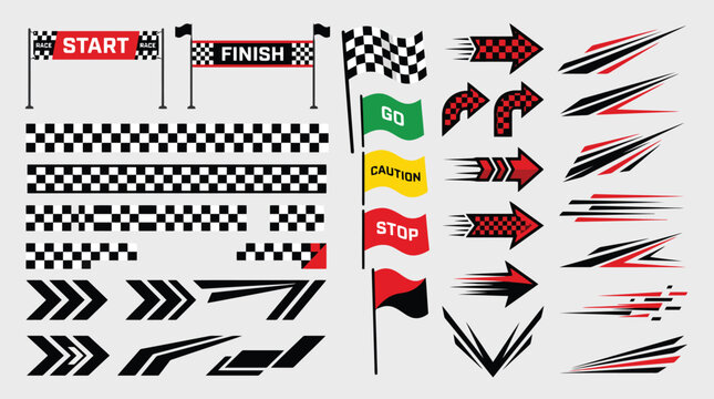 Racing graphics set with checkered flags and speed stripes, automotive vinyl decals and start finish line banners, vector motion arrows and sports flags