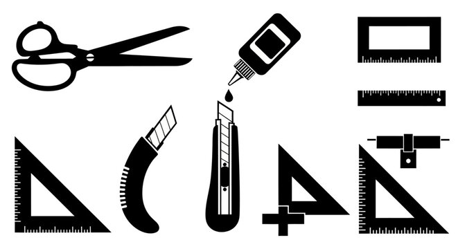 Set of black stationery icons on white background with icons including scissors ruler triangle arranged scissors glue stick collection black