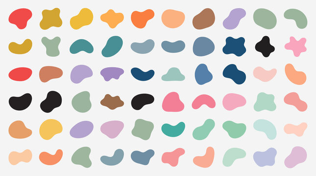 Abstract organic blob shapes collection, colorful liquid amoeba elements set, 60 minimalist fluid vector icons for modern graphic design
