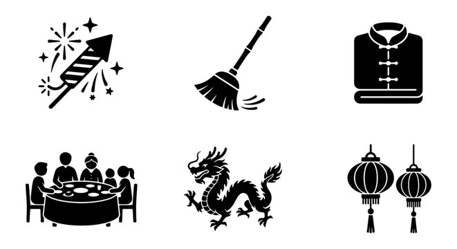 Chinese New Year Icons: Firecracker, Broom, Traditional Clothing, Family Dinner, Dragon, Lanterns, Vector Set for Festive Celebration Graphics