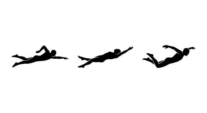 Freestyle Swimming Sequence, Athletic Silhouette of Swimmer in Motion, Dynamic Water Sport Illustration, Isolated Black and White Vector Art