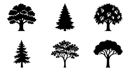 Diverse Tree Silhouettes Collection, Six Vector Icons for Nature and Landscape Design, Black and White Botanical Elements © Khokon