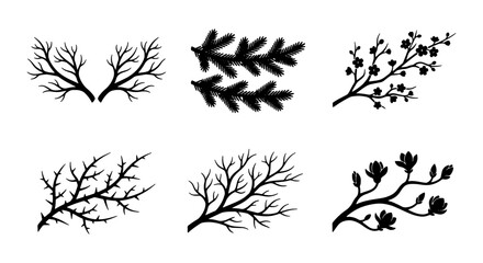 Obraz premium Black Silhouette Botanical Elements, Vector Branches and Twigs, Nature Decorative Accents, Organic Floral Designs, Seasonal Plant Motifs