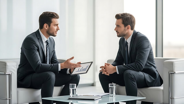 Business professionals discussing strategy during meeting in modern office