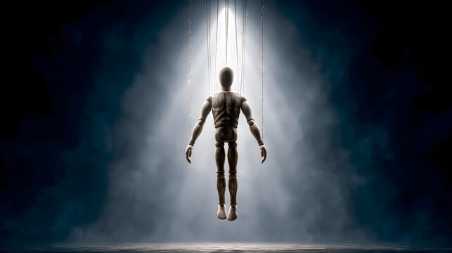 Creepy Wooden Marionette Puppet Hanging under Spotlight on Stage