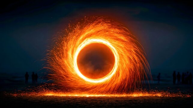 Fire Spinner Performing Flaming Circle on Dark Beach at Night