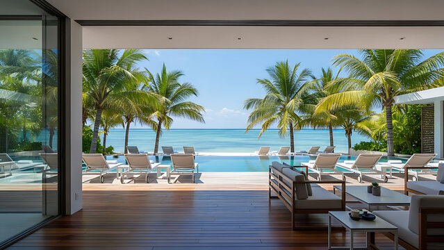 Luxury beachfront resort lounge with ocean view and palm trees
