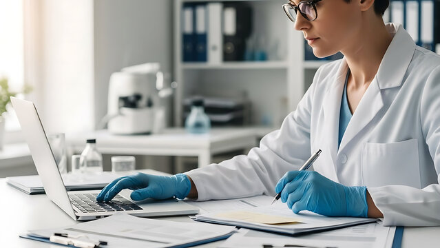 Female scientist analyzing data on laptop in modern laboratory