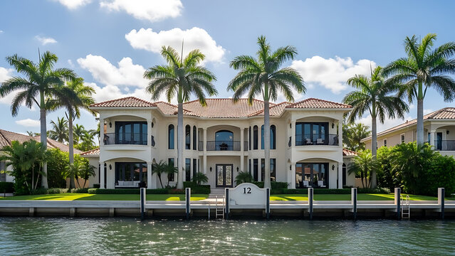 Luxury waterfront mansion with palm trees and private dock on sunny day