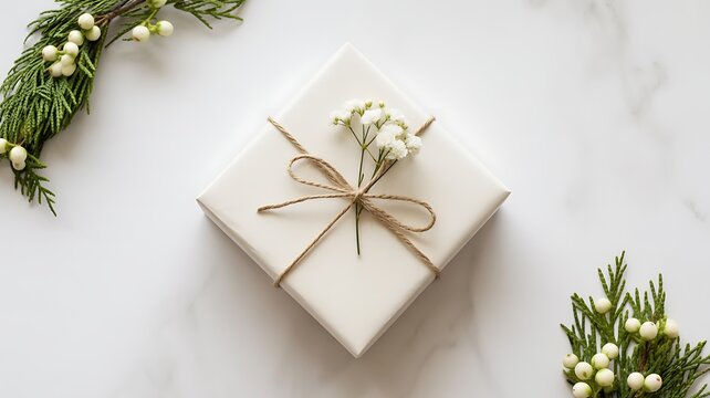 A white gift box tied with twine and decorated with a small sprig of white flowers on a white marble background