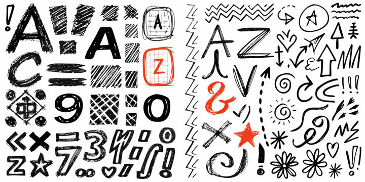 Hand drawn letters numbers and symbols collection on a white background