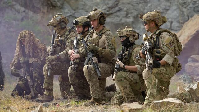 Special operations team stands together during military training exercise, showcasing unity, readiness and tactical capability