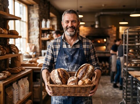 A man holding a basket of bread in a bakery