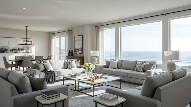 Modern luxury living room with ocean view and elegant neutral decor