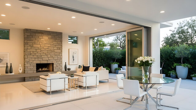 Modern luxury living room with fireplace opening to garden patio