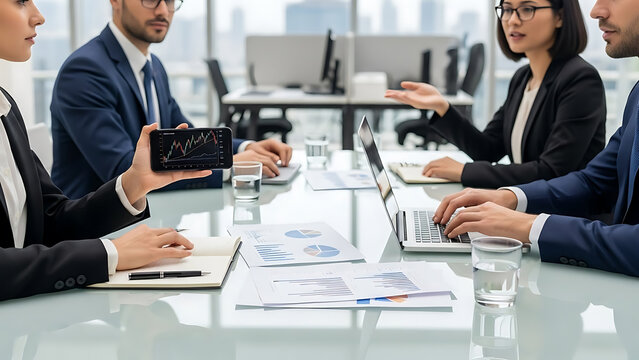 Business team analyzing stock market trends in modern office meeting
