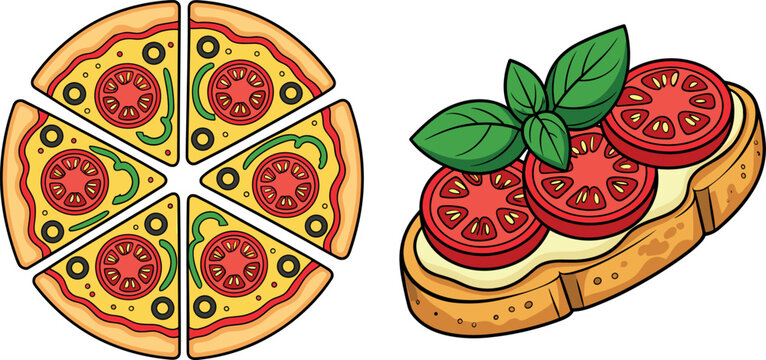 Italian food vector illustration set with sliced margherita pizza and tomato bruschetta with fresh basil leaf on white