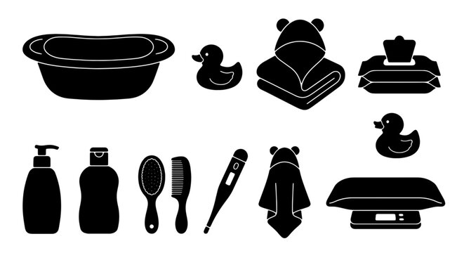 Baby Bath Time Essentials Collection, Infant Care Icons, Newborn Hygiene Kit, Rubber Duck, Towel, Thermometer, Scale, Soap, Wipes, Brush Set