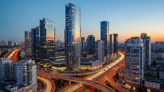 Modern city skyline at dusk with illuminated highways and traffic flow