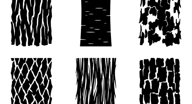 Six Black and White Bark Texture Vector Patterns, Natural Wood Grain Graphic Elements, Organic Surface Designs for Backgrounds and Print