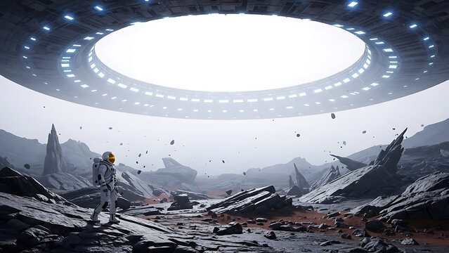 Astronaut exploring futuristic alien landscape under massive dome structure
